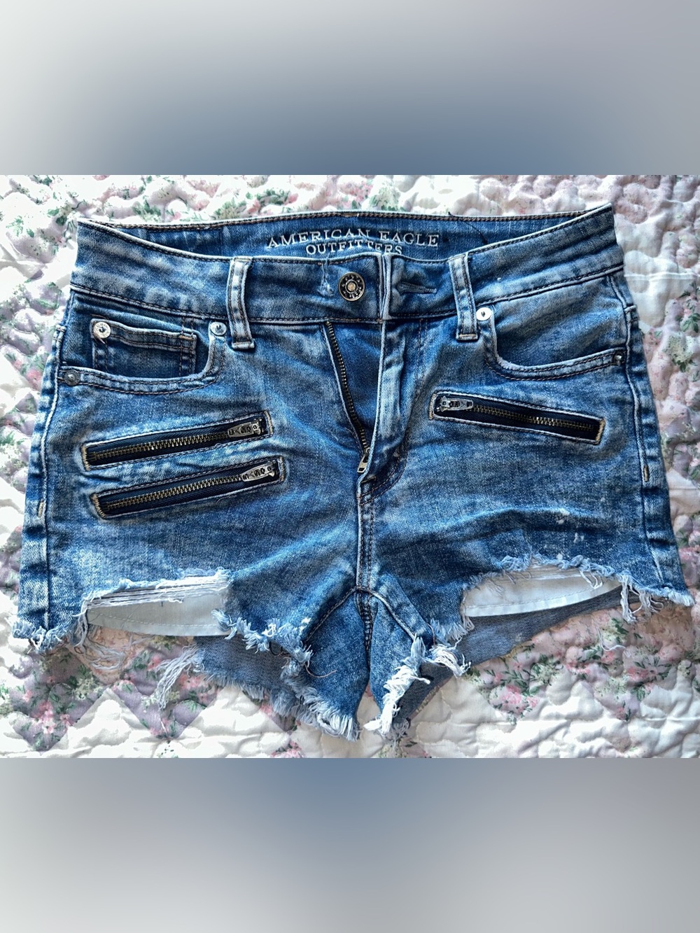American Eagle High Rise Shortie Distressed Acid Wash Zipper Accent Denim Shorts